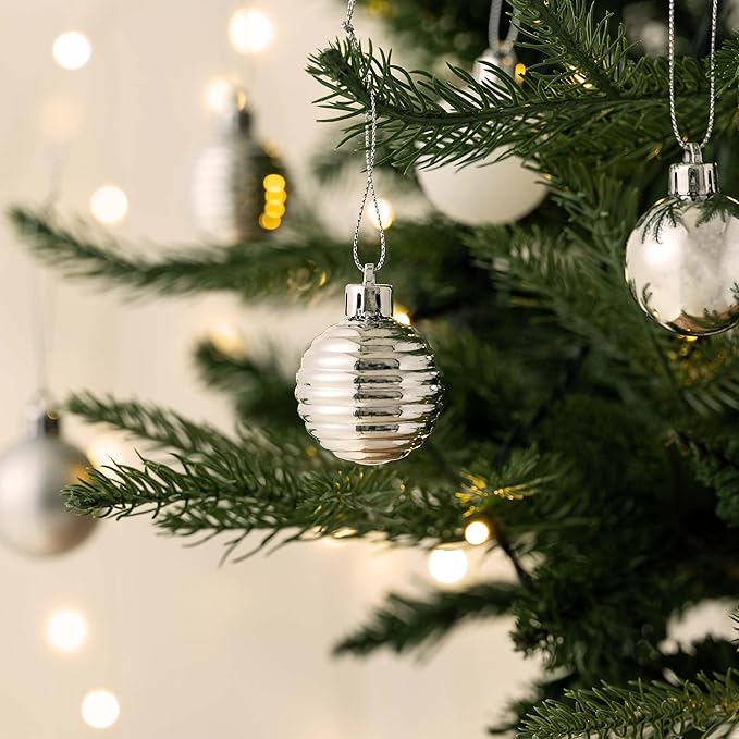 Valery Madelyn 1.57 Inches Small Christmas Tree Decorations Ornament Set for Fall Halloween, 24ct White and Silver Shatterproof Hanging Ball Ornaments Holiday Party Decor