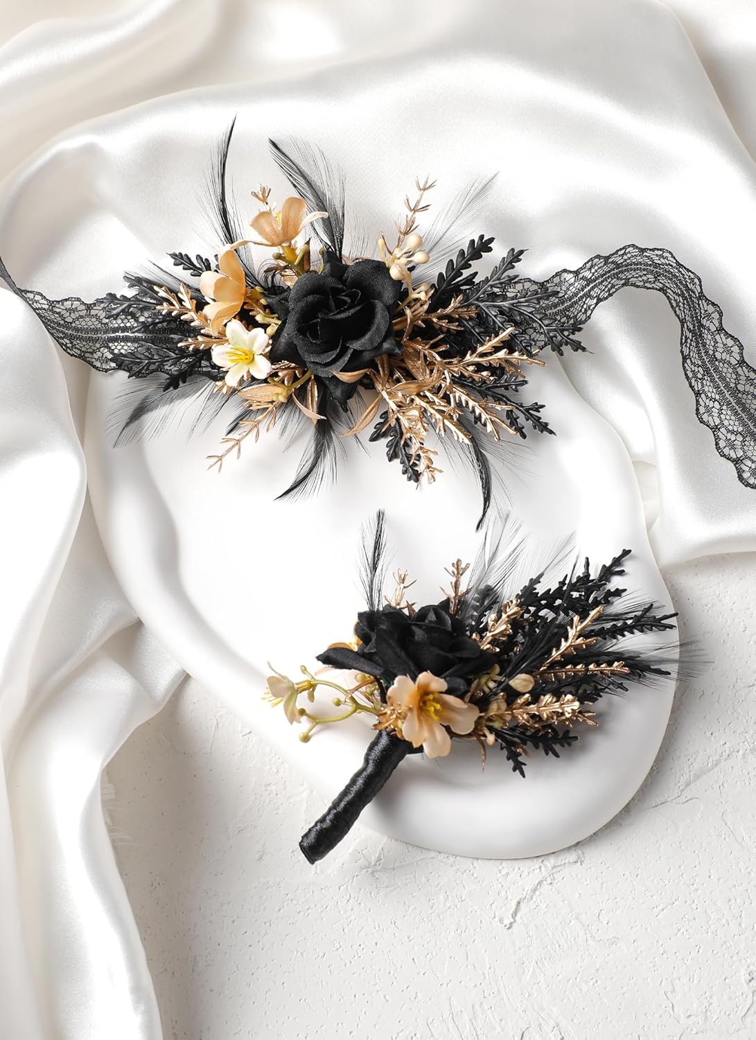 Corsage and Boutonniere Set - Black Wristlet for Men Prom Dark Wrist Corsage for Goth Wedding Ceremony