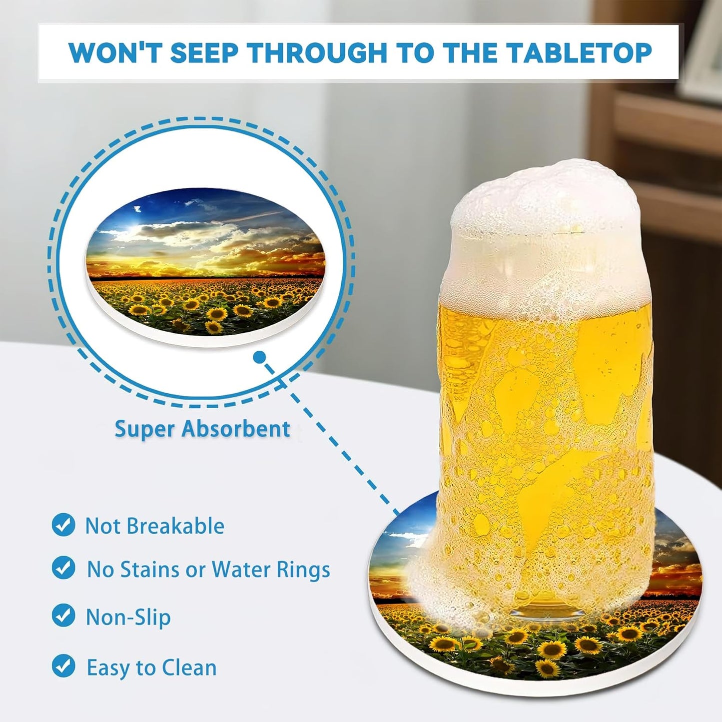 Drinks Coasters Set of 4, Sunflower Round 4" Cup Coasters, Absorbent Ceramic Stone Coasters with Cork Base, Cute Coasters for Table Home Décor, Ideal Gifts for Women Men