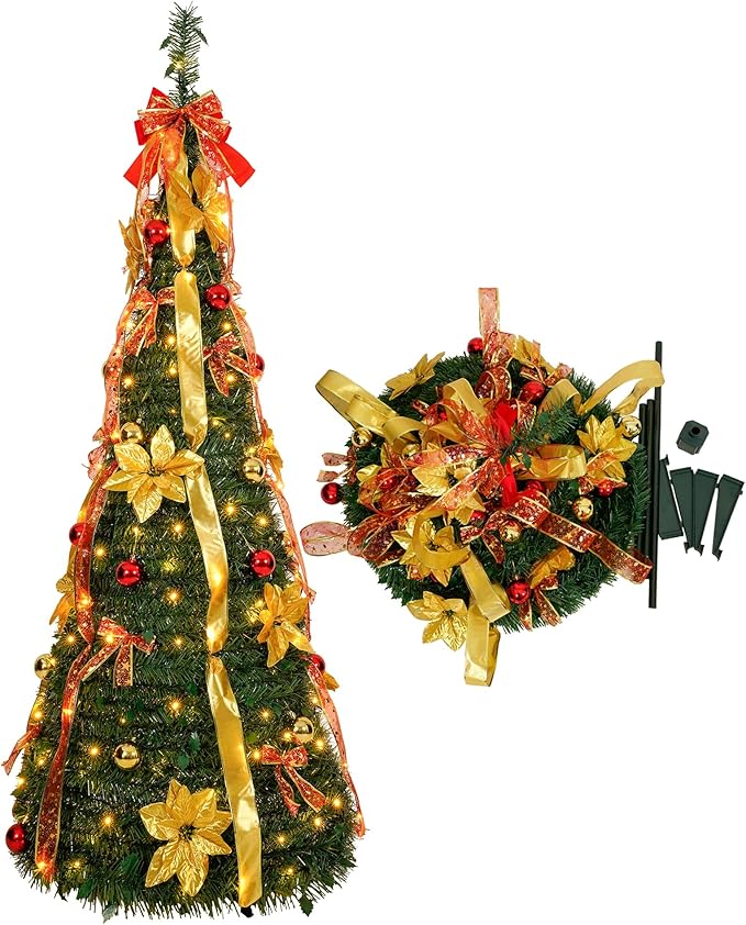6 ft pre-lit Decorated Christmas Tree, 200 LED Warm Lights, pop-up Christmas Tree, Gold and red, PVC lit Christmas Tree
