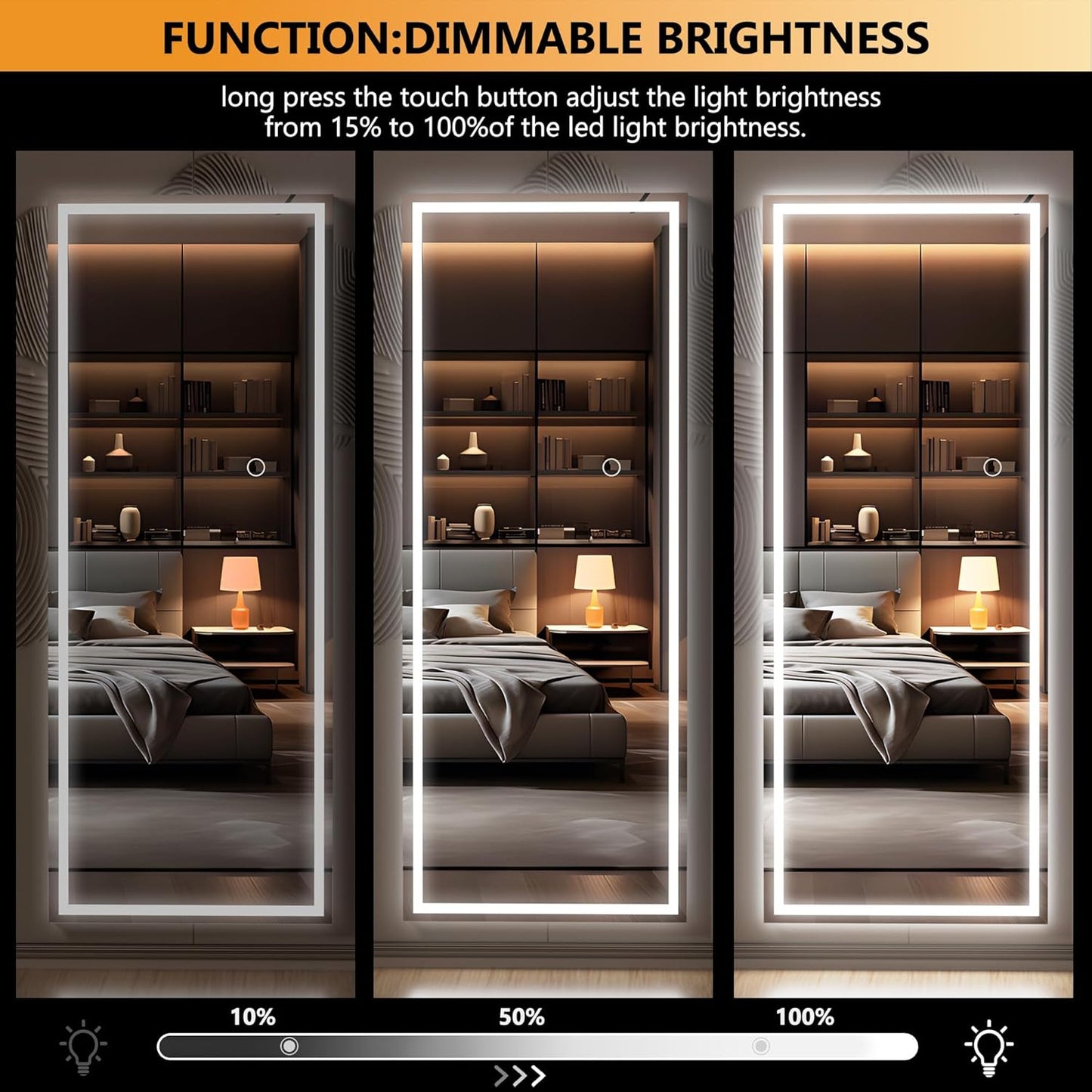 Hasipu LED Over Door Mirror Full Length, 44" x 15.8" Lighted Full Body Wall Mounted Mirror, Light Up Long Dressing Mirror, Square Black