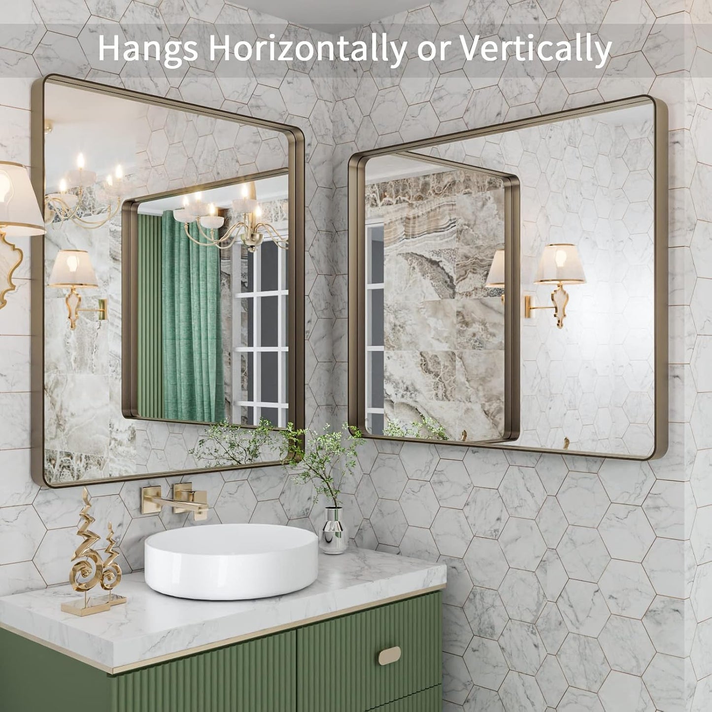 LOAAO 30”X36” Bronze Bathroom Mirrors for Vanity, Rounded Rectangle Brushed Bronze Metal Frame Mirror, Anti-Rust, Tempered Glass, Hangs Horizontally or Vertically