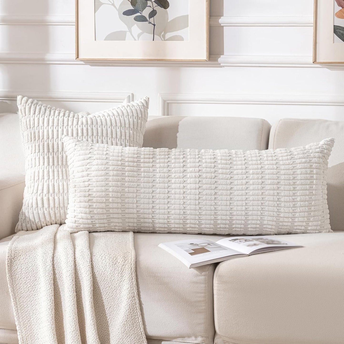 Fancy Homi Cream Boho Long Body Lumbar Decorative Throw Pillow Cover 14x36 Inch for Bed Couch Bedroom Bench, Soft Corduroy Rectangle Solid Pillow Case 35x91 cm, Rustic Farmhouse Room Decor