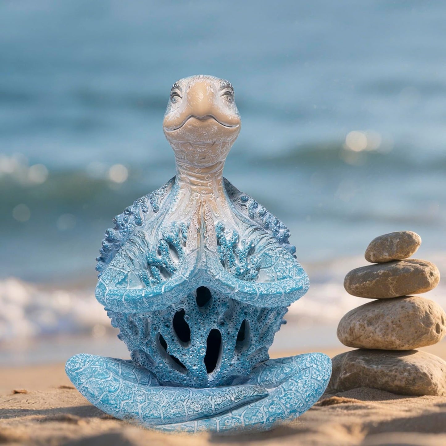 Hodao Coral Reef Sea Turtle Meditation Yoga Decor, Garden Figurines Turtle Meditating Coastal Beach Decor, Zen Yoga Resin Statue for Home Office Table & Shelf Decorations, Retirement Gifts