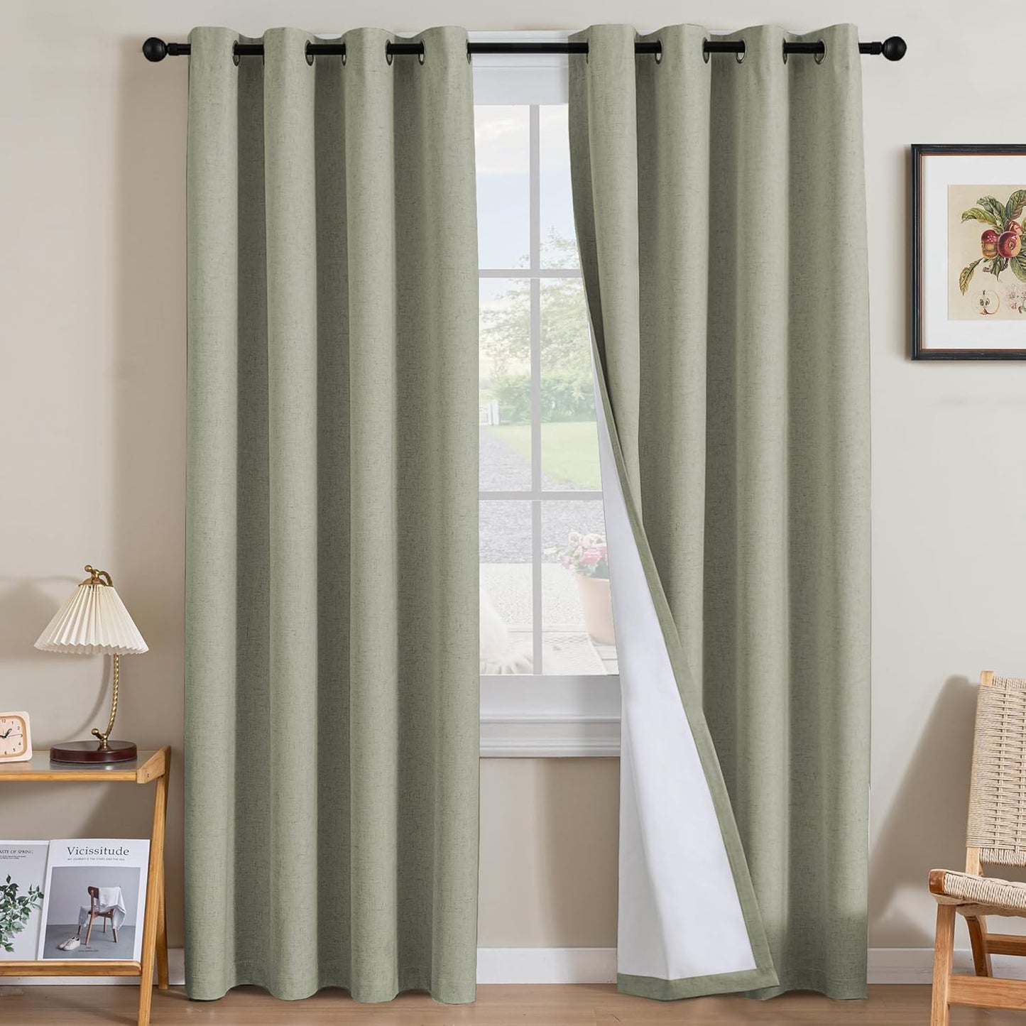 H.VERSAILTEX Linen Curtains 100% Blackout Curtains for Bedroom 96 inch Long Full Light Blocking Nature Linen Blended Window Curtains for Living Room Nickel Grommet (2 Panels, Heathered Tea)