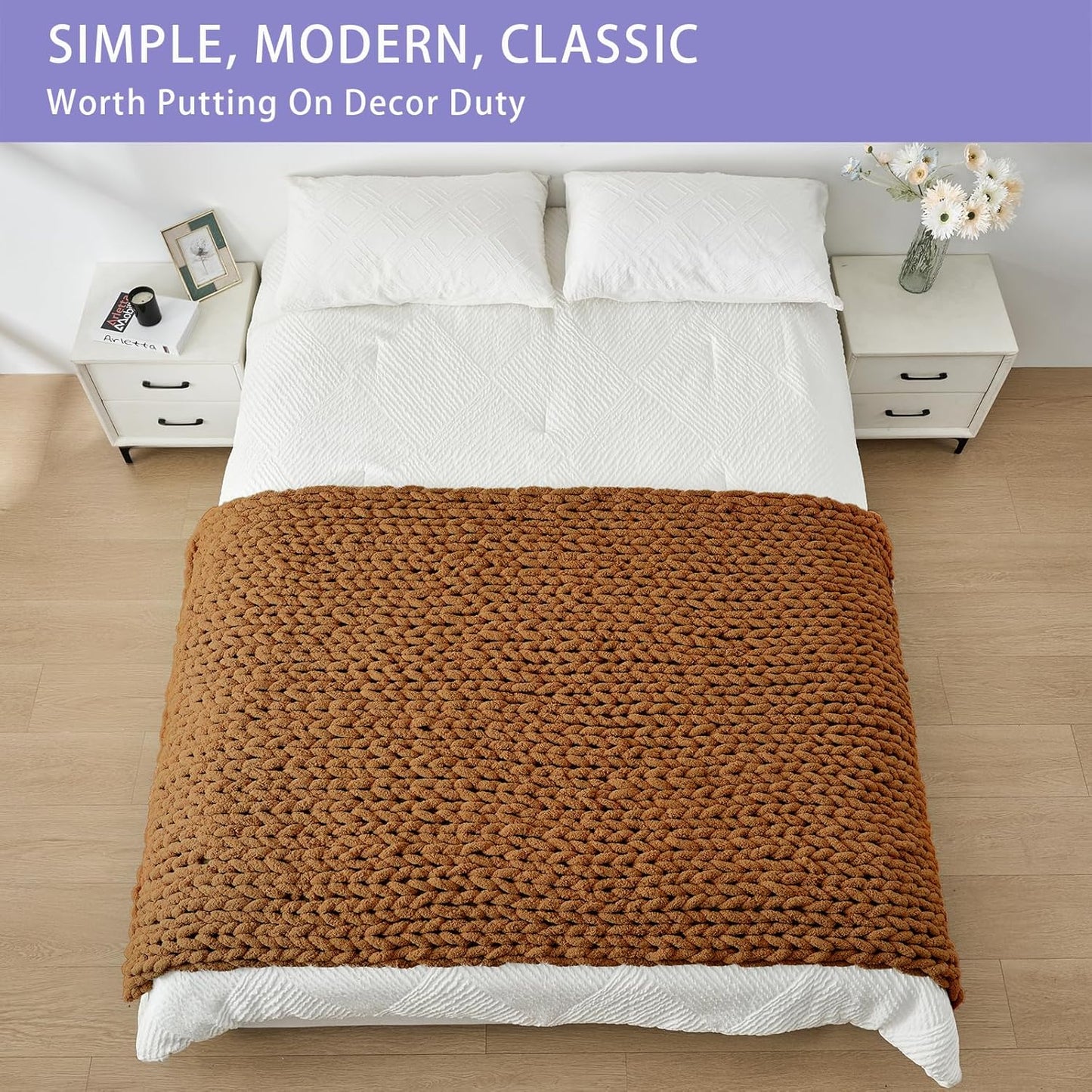 Bigacogo Chunky Knit Throw Blanket for Couch, 40x80 inches, 100% Hand Knitted with Thick Jumbo Chenille Yarn, Cozy Soft Large Rope Knot Cable Crochet Blankets for Sofa Bed Living Room, Caramel