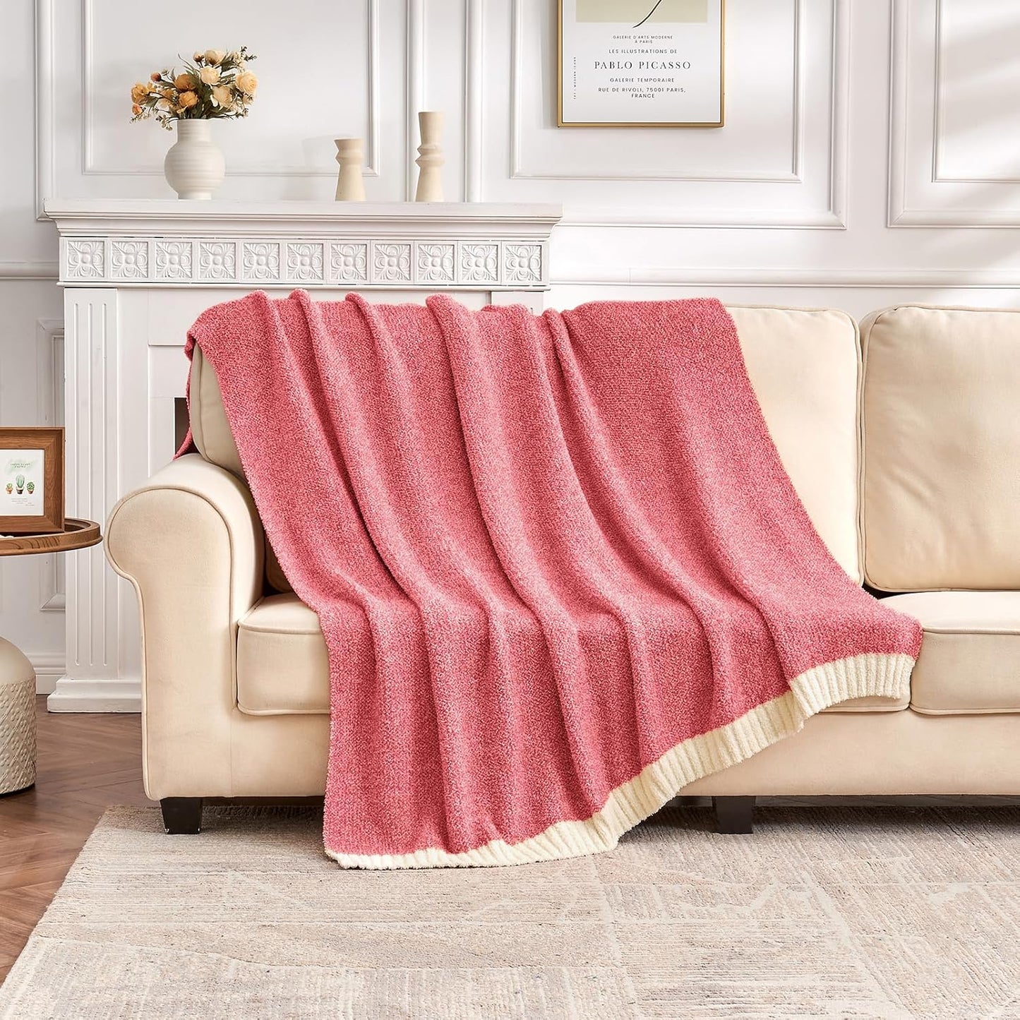 CozeCube Super Soft Fullfy Microfiber Reversible Knitted Blankets, Warm Cozy Fuzzy Plush Throw, Christmas red and White Melange Throw Blanket for Couch Bed Sofa, 60" x 80"