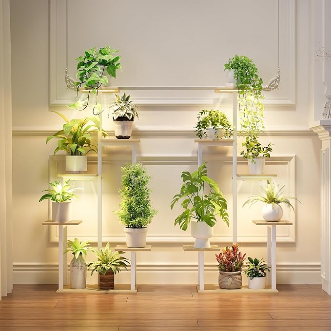 Plant Stand Indoor with Grow Lights - Tiered Corner Shelf Small Metal Lighted Flower Rack Multiple