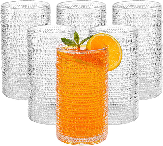Large Vintage Hobnail Drinking Glasses Set of 6, 16oz Clear Highball Glasses Cups, Kitchen Water Glasses Cup, for Cocktail, Juice, Whiskey, Milk and Various Mixed Drinks