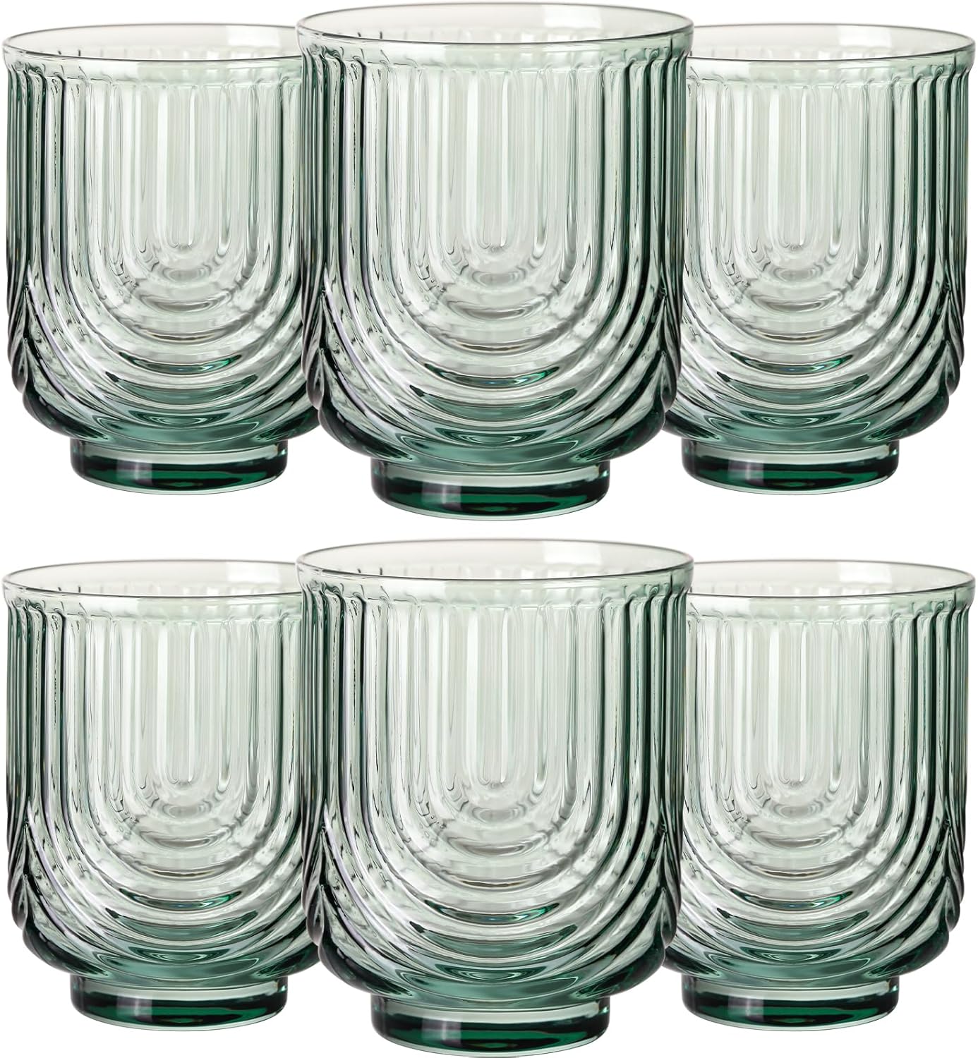 Green Vintage Glassware Set of 6-14Oz Green Water Drinking Glass, Art Deco Ripple Highball Glass, Whiskey Cocktail Glasses, for Bar Beverages Ice Coffee Juice, Housewarming Gifts