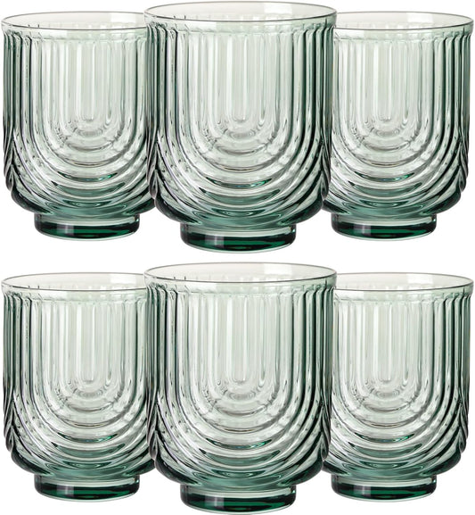 Green Vintage Glassware Set of 6-14Oz Green Water Drinking Glass, Art Deco Ripple Highball Glass, Whiskey Cocktail Glasses, for Bar Beverages Ice Coffee Juice, Housewarming Gifts