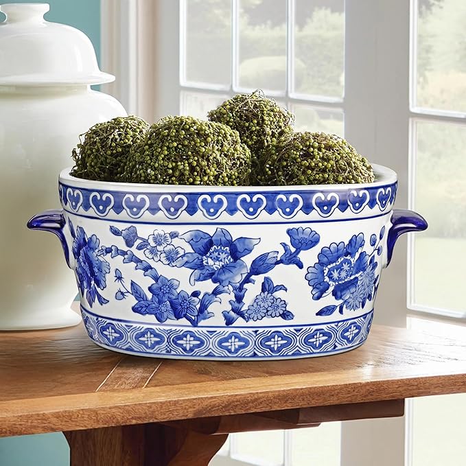 Blue and White Ceramic Planter Pot – Vintage Floral Oval Cachepot Vase for Indoor Plants, Flowers & Succulents – Glazed Chinese Porcelain Style Decorative Bowl –10.6" Size – No Drainage