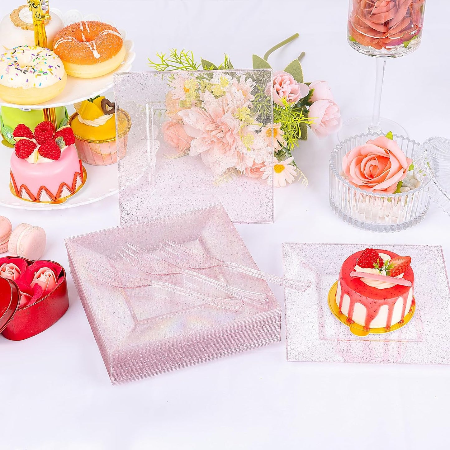 DaYammi 100Pcs Pink Dessert Plates Including 50Pcs Appetizer Plates,50Pcs Plastic Forks,Glitter Square Plate with Cake Fork,pink Disposable plates for Wedding,Plastic Salad Plate for Birthday Party