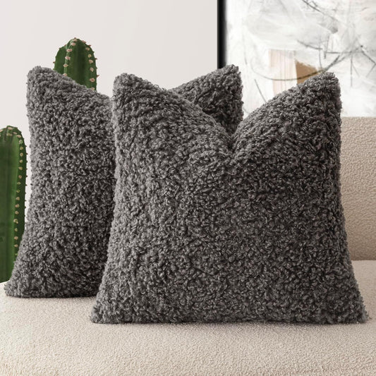 Foindtower 2 Pieces 20x20 Inch Dark Gray, Faux Fur Throw Pillow Cover Accent Sherpa Furry Pillow Covers Fuzzy Soft Pillowcases Cozy Sheepskin Decorative Fleece Cushion Case for Bed Couch Living Room
