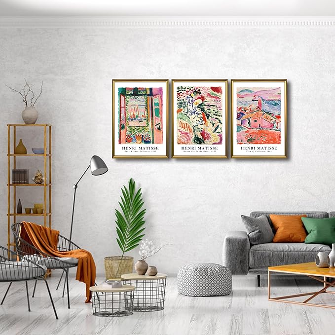 Wieco Art Large Framed Canvas Wall Art 3 Piece Henri Mattise Art Abstract Colorful Matisse Posters Canvas Prints for Wall and Home Office Decorations Bronze Gold Frame