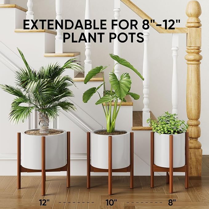 MUDEELA 14.5 Inch Tall Plant Stand for Indoor, Adjustable Width Bamboo Plant Stand for 8 9 10 11 12 Inches Pot, Single Tier Planter Holder Floor Stand, Mid Century Modern Style, Dark Brown, Without Pot