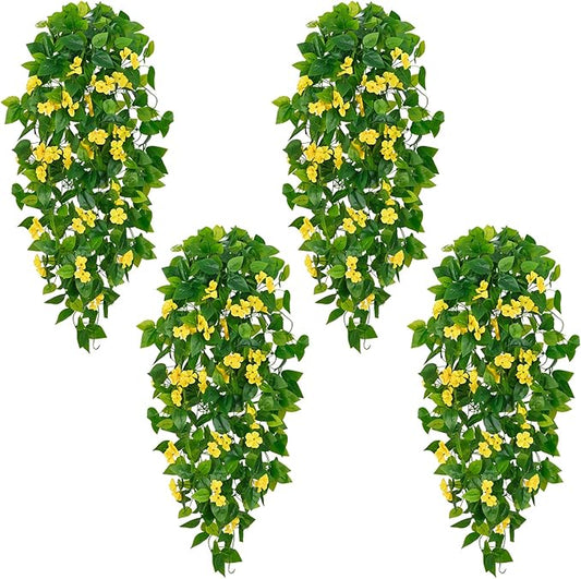 BLEUM CADE Artificial Hanging Flowers for Outdoors, 4pcs Fake Hanging Plants Pothos Vines with Yellow Flowers for Wall Home Living Room Indoor Outdoor Decor (No Baskets)