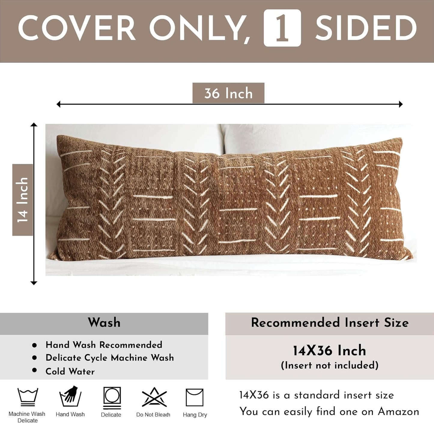 BlissBlush Fall Brown Boho Lumbar Throw Pillow Cover 14X36, Decorative Long Accent Body Lumbar Pillow for Bed, Farmhouse Woven Textured Lumbar Pillowcase for Couch (Cover ONLY)