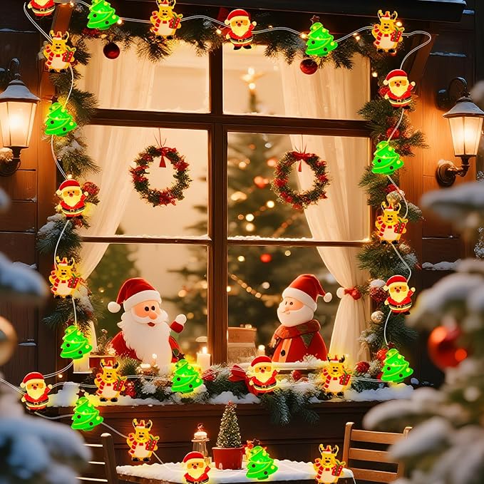 ZGWJ Christmas String Lights with Timer, 1 Pack Xmas Tree-Reindeer-Santa Claus 50LED 16FT Twinkle Fairy Lights 8 Modes for Bedroom,Christmas Parties Decoration Indoor and Outdoor