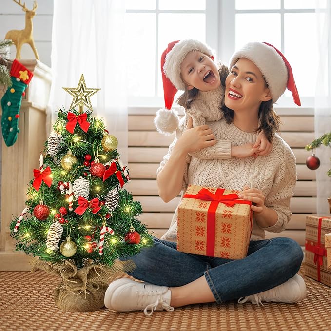 24 Inch Mini Artificial Christmas Tree with LED String Lights, Star Topper and Hanging Ornaments - Tabletop Christmas Tree for Holiday DIY Decorations