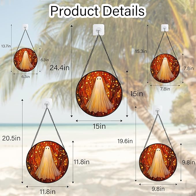 Stained Glass Window Hanging - Halloween Decoration Glowing Forest Ghost Suncatcher for Door Garden Spooky Orange Sun Catchers Gothic Decor Horror Gifts for Women Men Friend Boy Girl 15 in