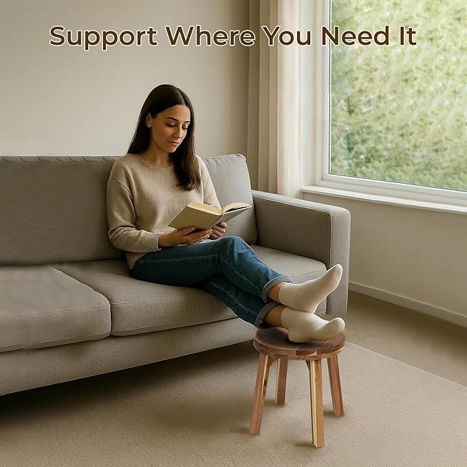 Round Stool Acacia Wood, 12" Height, 11" Round Top, Backless, Easy Assembly, Natural Wax Finish, Wooden Stool for Plant, Dining Room, Living Room, Garden, Makeup