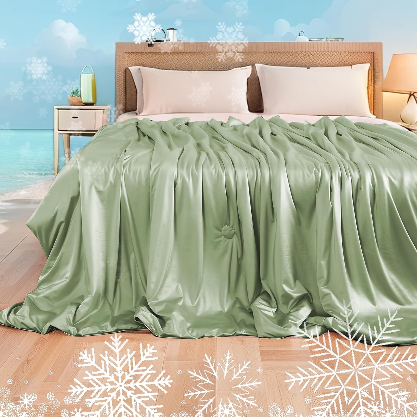 Cooling Comforter Summer Blanket for Hot Sleepers, Silky-Soft & Cool Fiber All-Season Comfort, Double-Sided Cold Blanket for Night Sweats, Full XL Size 78" x 87", Sage Green