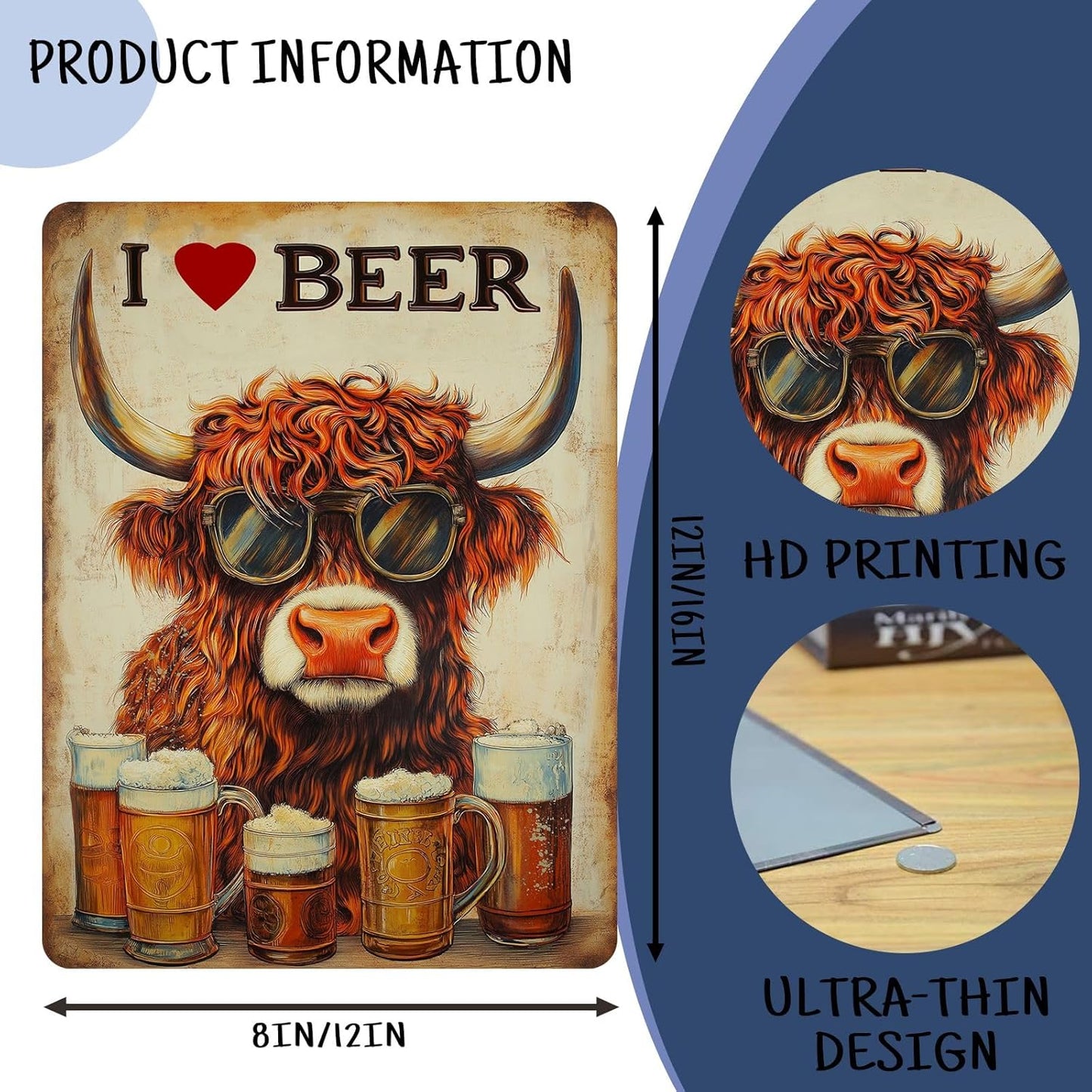 Funny Highland Cow Metal Tin Signs I Love Beer Vintage Aluminm Sign for Home Kitchen Bar Pubs Wall Decoration 8×12 Inch
