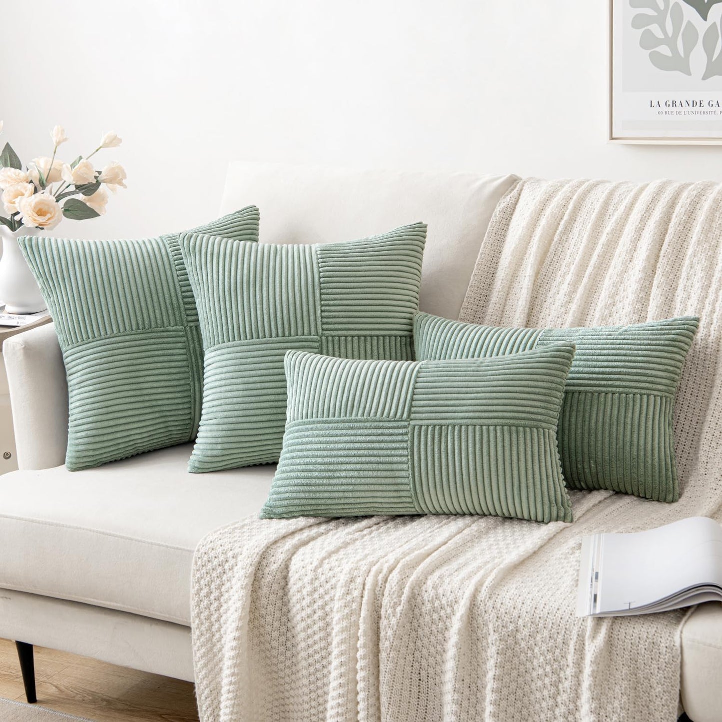 MIULEE 24x24 inch Euro Greyish Green Corduroy Pillow Covers Pack of 2 Boho Decorative Spliced Throw Pillow Covers Soft Solid Couch Pillowcases Cross Patchwork Textured Covers for Living Room Bed Sofa