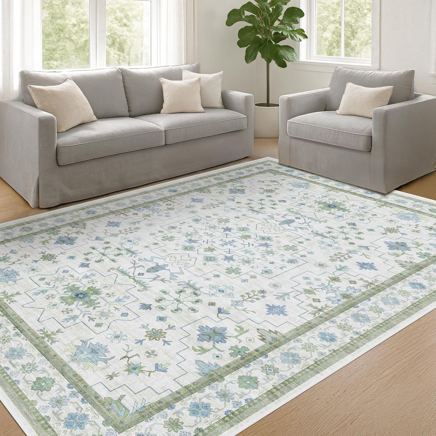 Cream Oushak 7x9 Bedroom Rug - Boho Floral Cool Blue and Green, Washable Low Pile Non-Slip Ultra-Thin Large Area Rugs for Playroom, Bed Room, Living Room