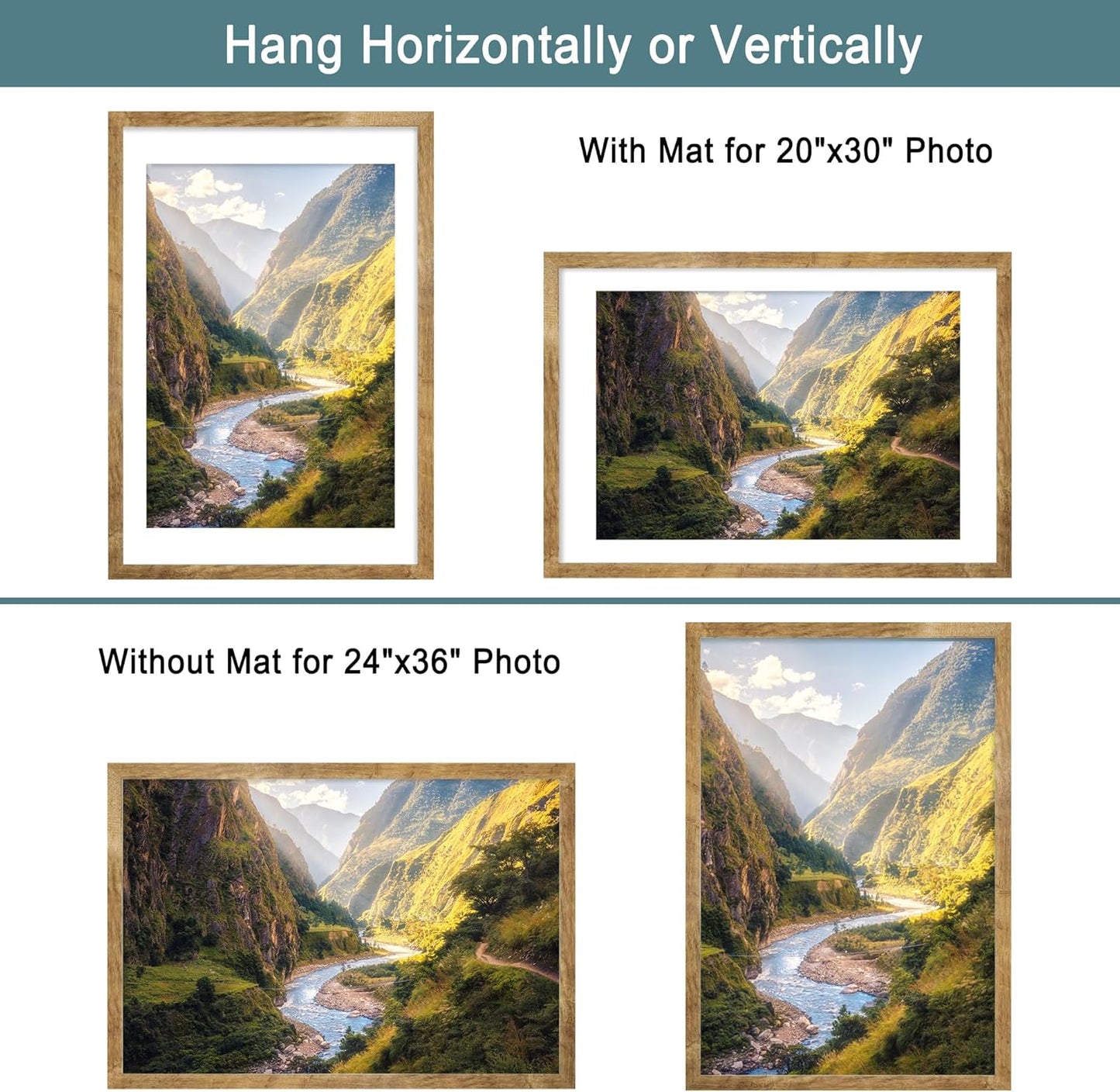 iRahmen 24x36 Poster Frame Set of 2 with Plexiglass, Wooden Rustic Brown Frames Display 20x30 Picture with Mat or 24 x 36 Without Mat, Wall Gallery Mounting Horizontal and Vertical