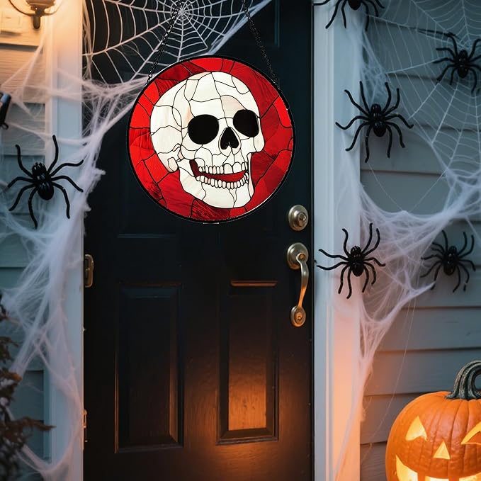 Stained Glass Window Hanging - Halloween Decoration White Skeleton Skull Suncatcher for Door Garden Spooky Red Sun Catchers Gothic Decor Horror Gifts for Women Men Friend Boy Girl 15 in