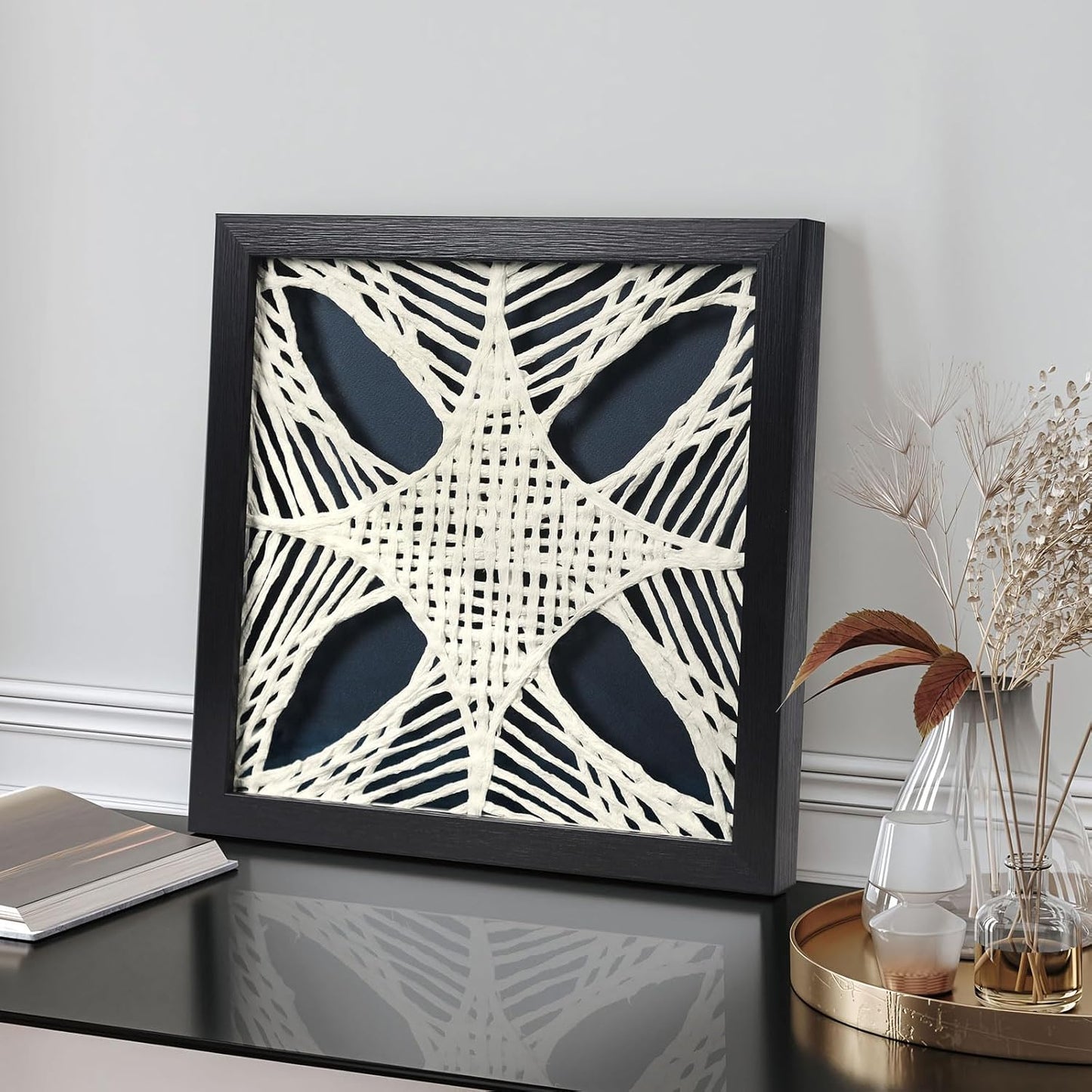 FOLKOR Abstract Framed Wall Art for Modern Home Office, 3 Pack 12" Rice Paper Black and White Wall Decor for Living Room Bedroom Entryway, Geometric Wall Hanging Shadow Box Artworks Accent Gift