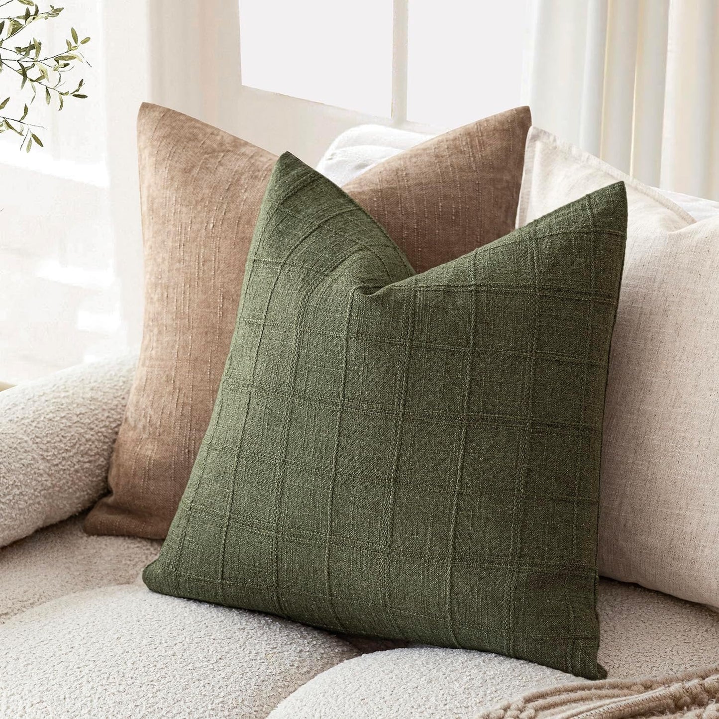 Foindtower Set of 2 Decorative Linen Check Throw Pillow Covers Neutral Farmhouse Vintage Cushion Covers Modern Boho Home Decor for Sofa Chair Couch Bedroom Living Room,18×18 Inch,Olive Green