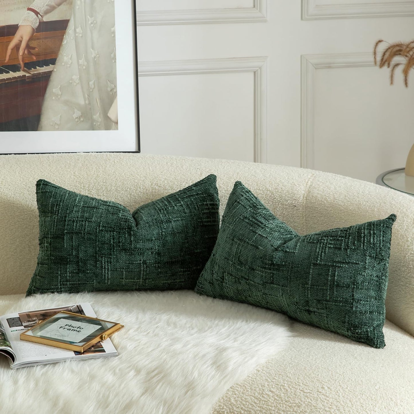 MANDIOO Pack of 2 Soft Chenille Textured Throw Pillow Covers Lumbar Accent Solid Decorative Cushion Cover Cozy Farmhouse Pillow Case for Couch Sofa Bed Living Room 16x24 Inch Dark Green