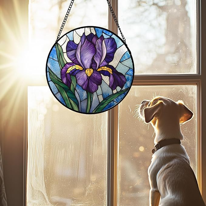 Stained Glass Window Hanging - Iris Birth Flower Suncatcher for Doors Garden Yard Purple Blue Sun Catchers Decor Christmas Mother's Day Birthday Gifts for Teacher Women Mom Nana 15 in