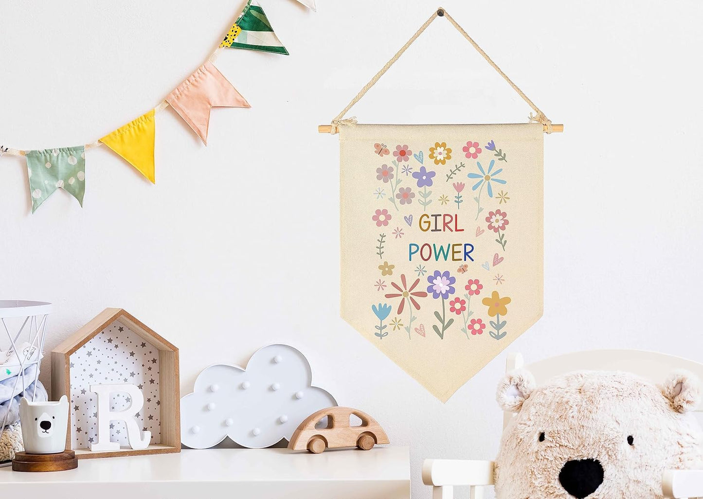 Girl Power Decor-Wildflower Print-Flag Sign Gifts for Baby Newborn Girls Kids-Banner Wall Decor Present for Nursery Bedroom Playroom Front Door-Baby Present Shower-New Home Birthday Christmas Gift