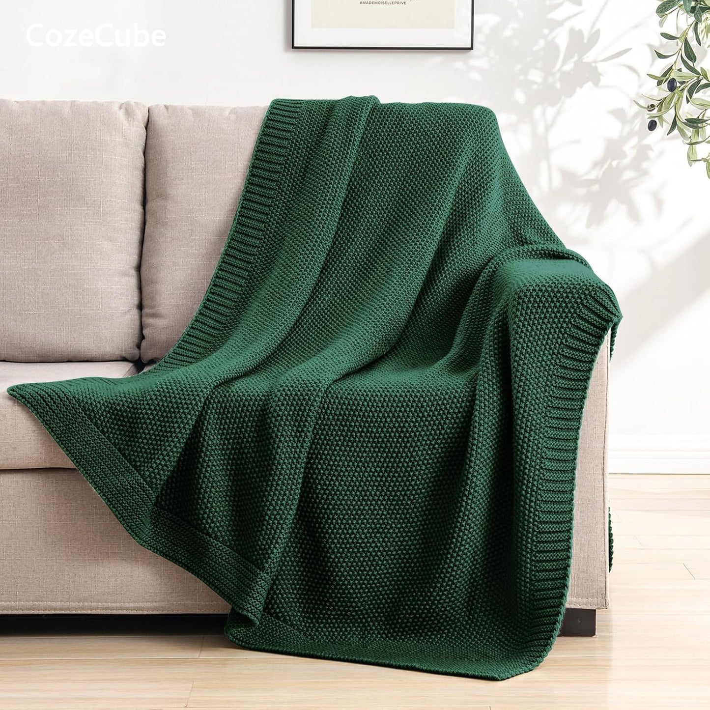 CozeCube Christmas Green Throw Blanket for Couch, Soft Cozy Cable Knit Throw for Bed Sofa Living Room, Lightweight Warm Decorative Farmhouse Christmas Blanket, 60"x80", Emerald Green