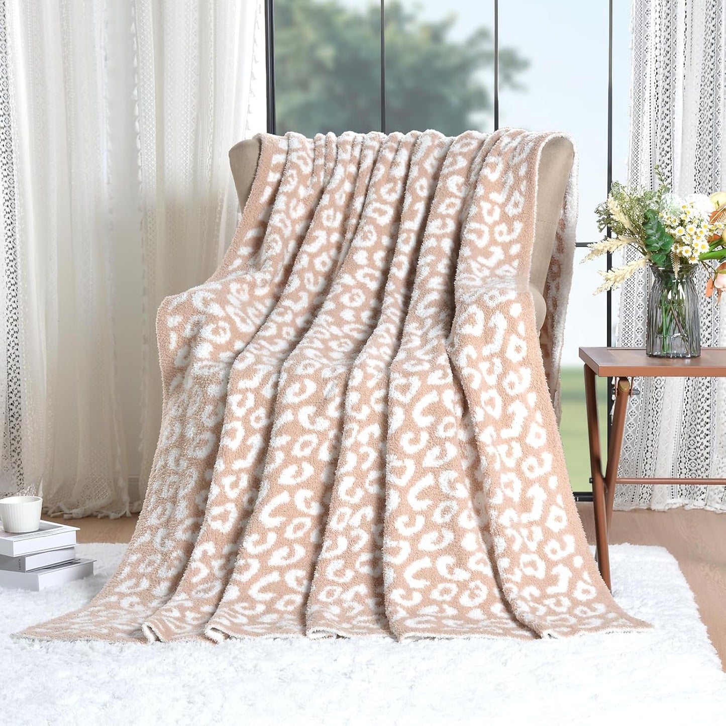 Leopard Knit Throw Soft Cozy Lightweight Blanket for Bed Sofa Couch Breathable Warm Cheetah Blanket Leopard Beige 50x60 Inches