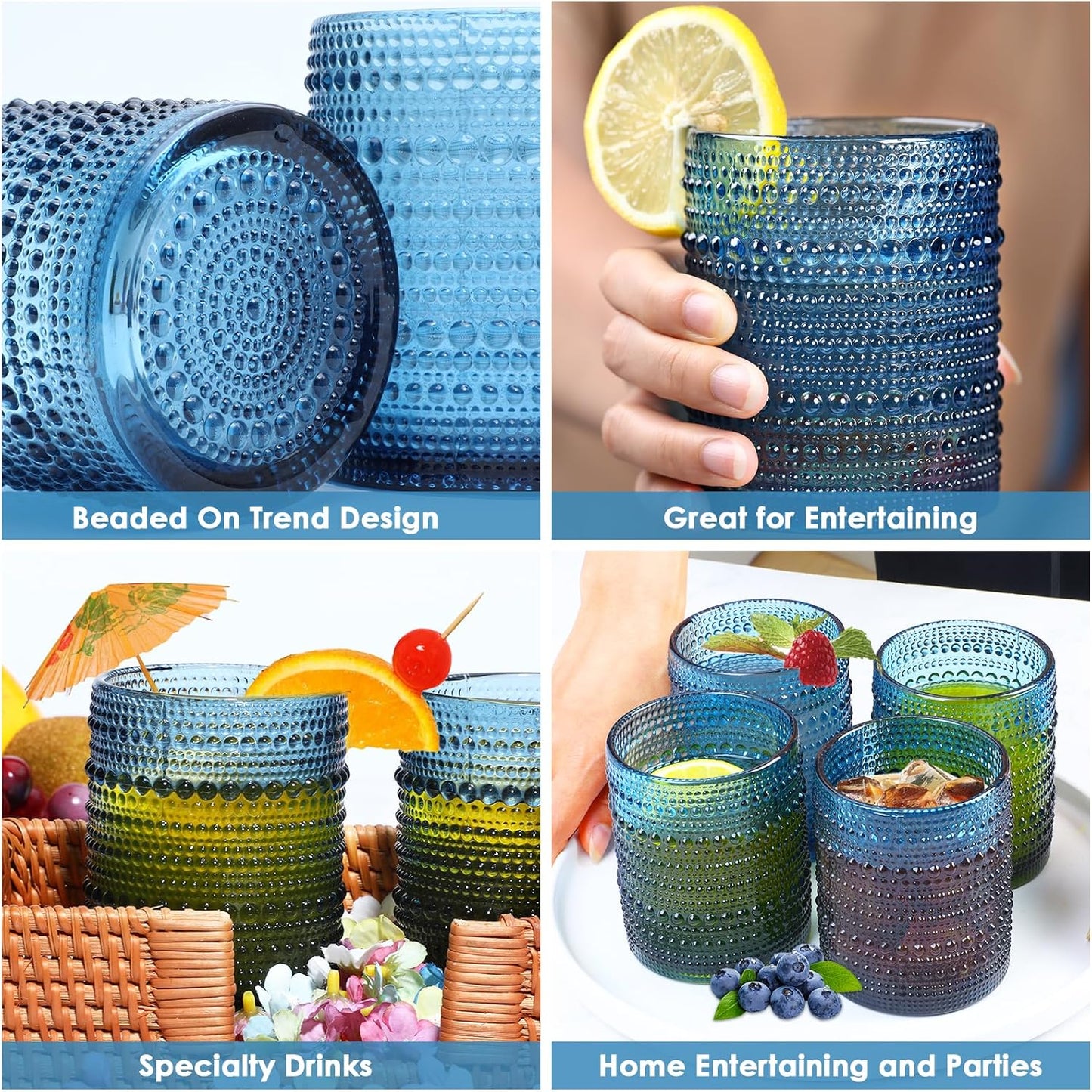 Hobnail Drinking Glasses Set of 6,12oz Blue Vintage Glassware,Cocktail Glasses,Embossed Glass Cups,Water Tumbler for Whiskey, Juice and Various Mixed Drinks