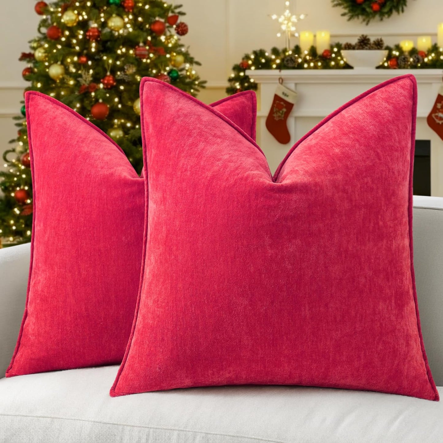 decorUhome Christmas Couch Throw Pillow Covers 18x18 Set of 2, Decorative Soft Euro Neutral Chenille Pillow Covers with Elegant Design for Sofa Bed Living Room Home Decor, Red