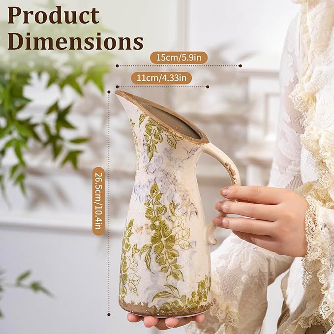 Vintage Ceramic Pitcher Vase with Handle, Farmhouse Green and Purple Large Floral Vases, French Country Decorative Vase, Rustic Table Centerpiece for Home Decor, Bookshelf, Office 10.5 Inch