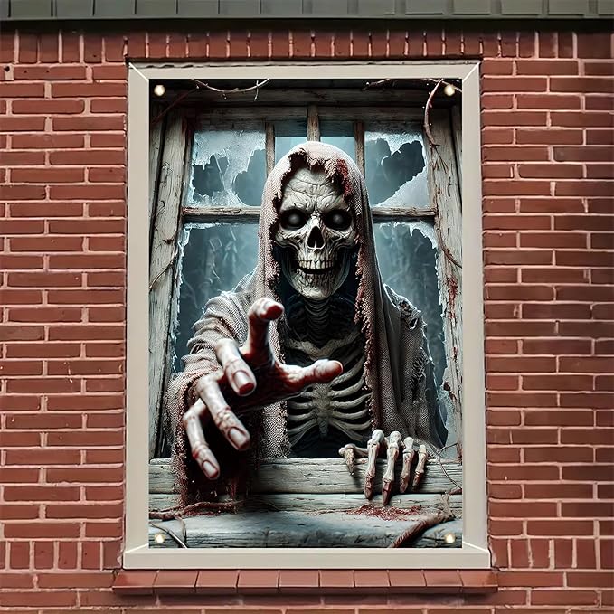 Window Cover Halloween 47x31 Inch Scary Skeleton Grim Reaper Banner Creepy Horror Window Decoration for Haunted House Outdoor Indoor Poster Trick or Treat Decor