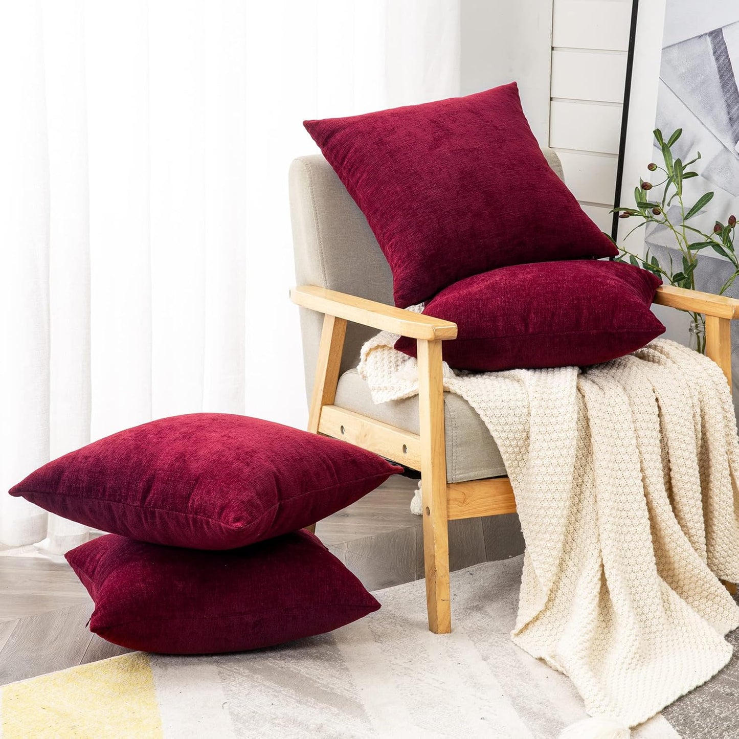 GAWAMAY Decorative Square Throw Pillow Covers 18"x18" Inch Set of 4, Super Soft Chenille Pillows Cover Fall Pillowcase for Living Room Bedroom Sofa Couch Cushion Cover Burgundy Red 45x45cm