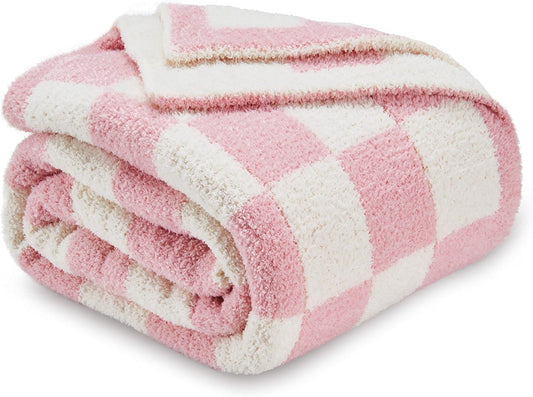 CozeCube Super Soft Fullfy Microfiber Reversible Knitted Blankets, Warm Cozy Fuzzy Plush Throw, Pink and White Checkered Throw Blanket for Couch Bed Sofa, 50" x 60"