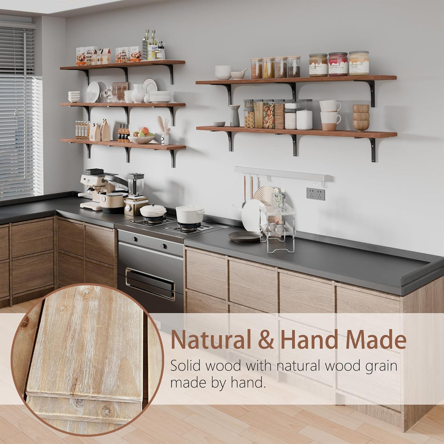 Long Floating Shelf for Wall 60 inch,Long Wall Shelves Set of 5,Rustic Solid Wood Bookshelf,Large Bookcase for Bedroom Bar (Brown, 60 Inch)