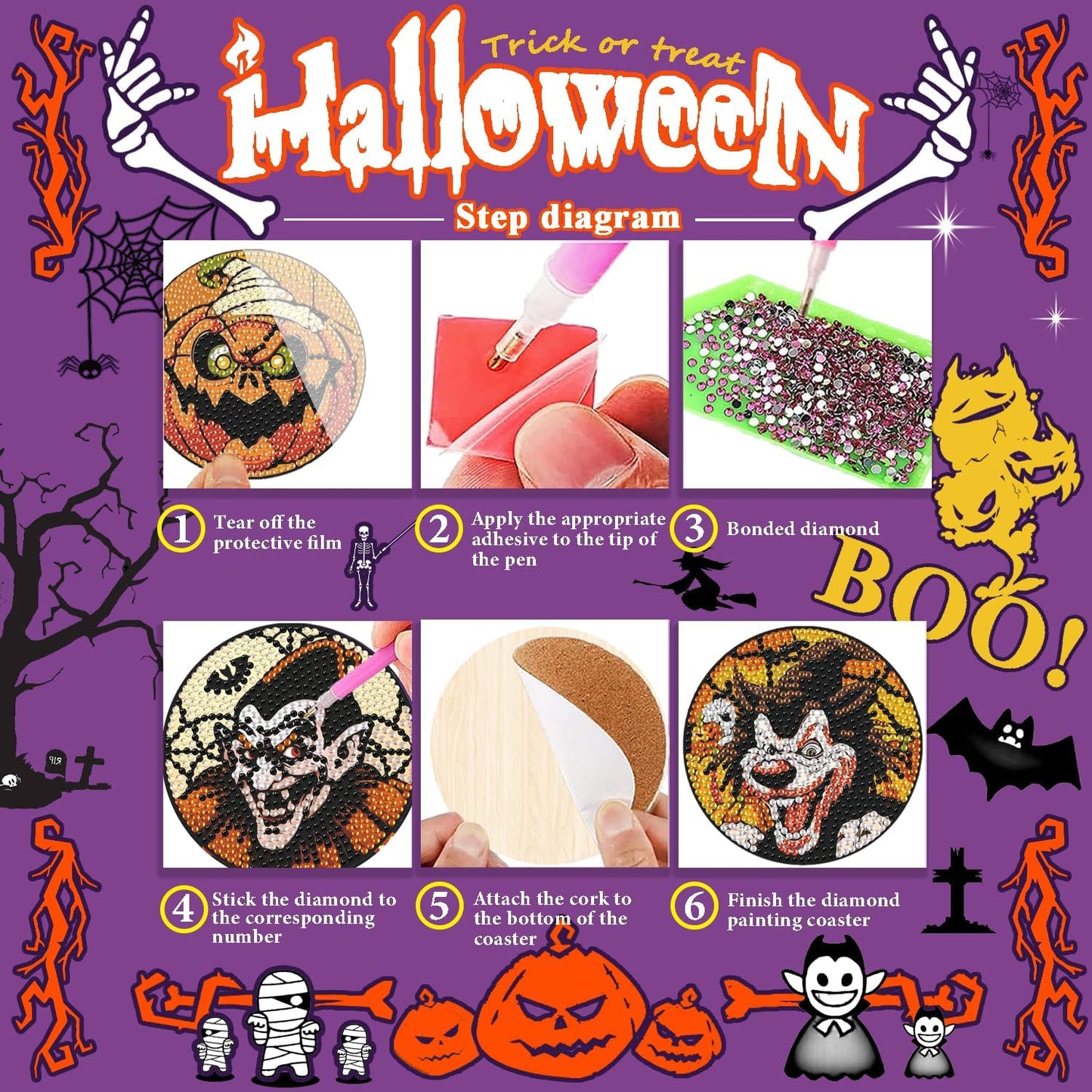 DOTSOPS Halloween Diamond Painting Coaster Set with Holder Diamond Art Kits for Adults Beginners and Kids Birthday Craft Supplies Party Fesstival Decor Set of 8