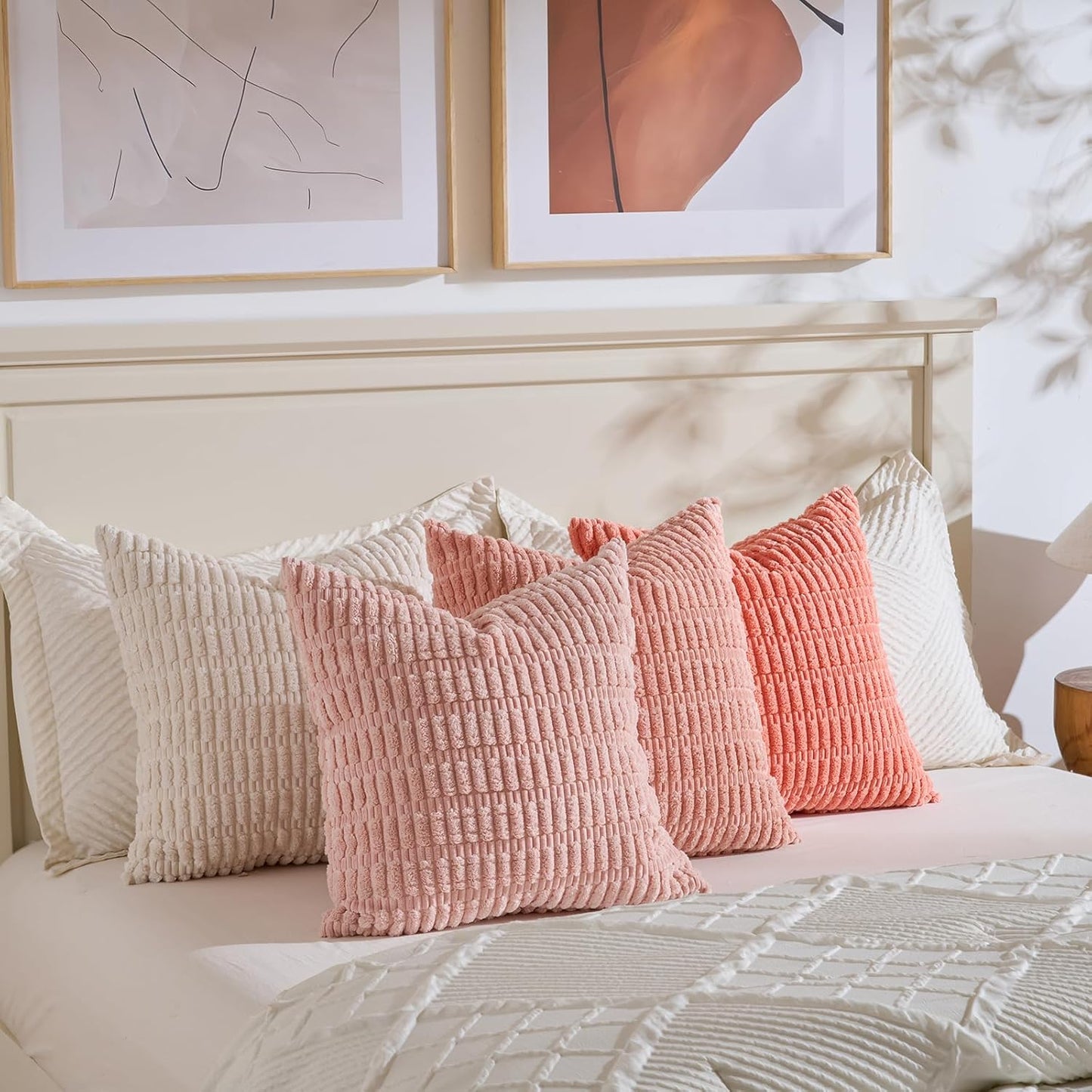 Fancy Homi 4 Packs Blush Pink Decorative Throw Pillow Covers 20x20 Inch for Living Room Couch Bed Sofa, Soft Plush Striped Corduroy Square Light Pink Coral Peach Cream Colorful Cushion Case 50x50 cm