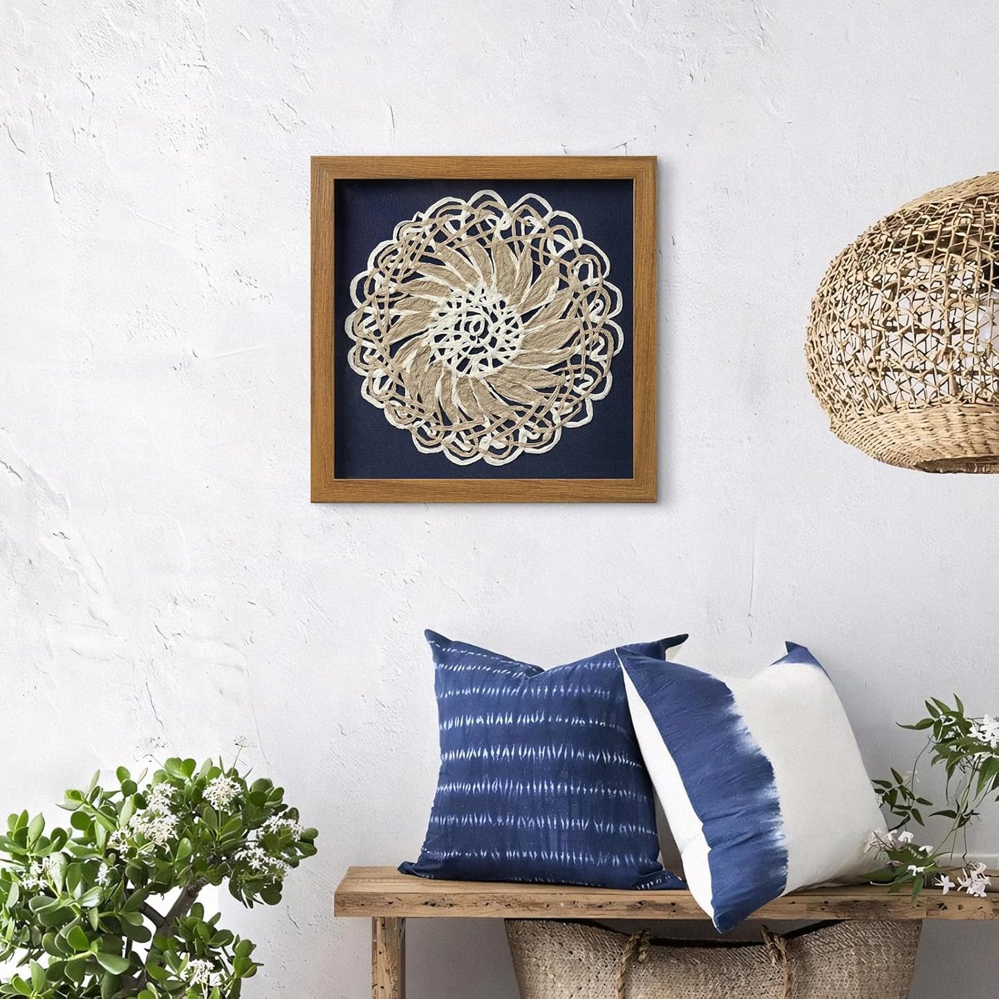 FOLKOR Framed Boho Wall Art for Living Room, 12" Natural Rice Paper Mandala Art Decor with Shadow Box, Bohemian Wall Hanging Panel for Bedroom Kitchen Shaby Chic Home Office Decoration