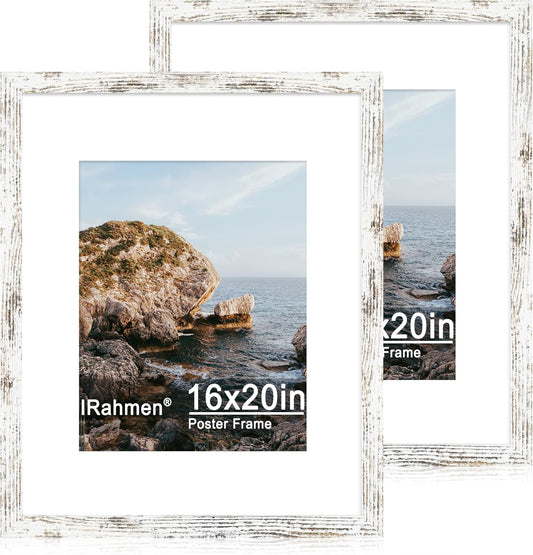 iRahmen 16x20 Picture Frame Set of 2 with Plexiglass, Distressed White Wood Poster Frame Display 11x14 Picture with Mat or 16 x 20 Without Mat for Photo Wall Mounting